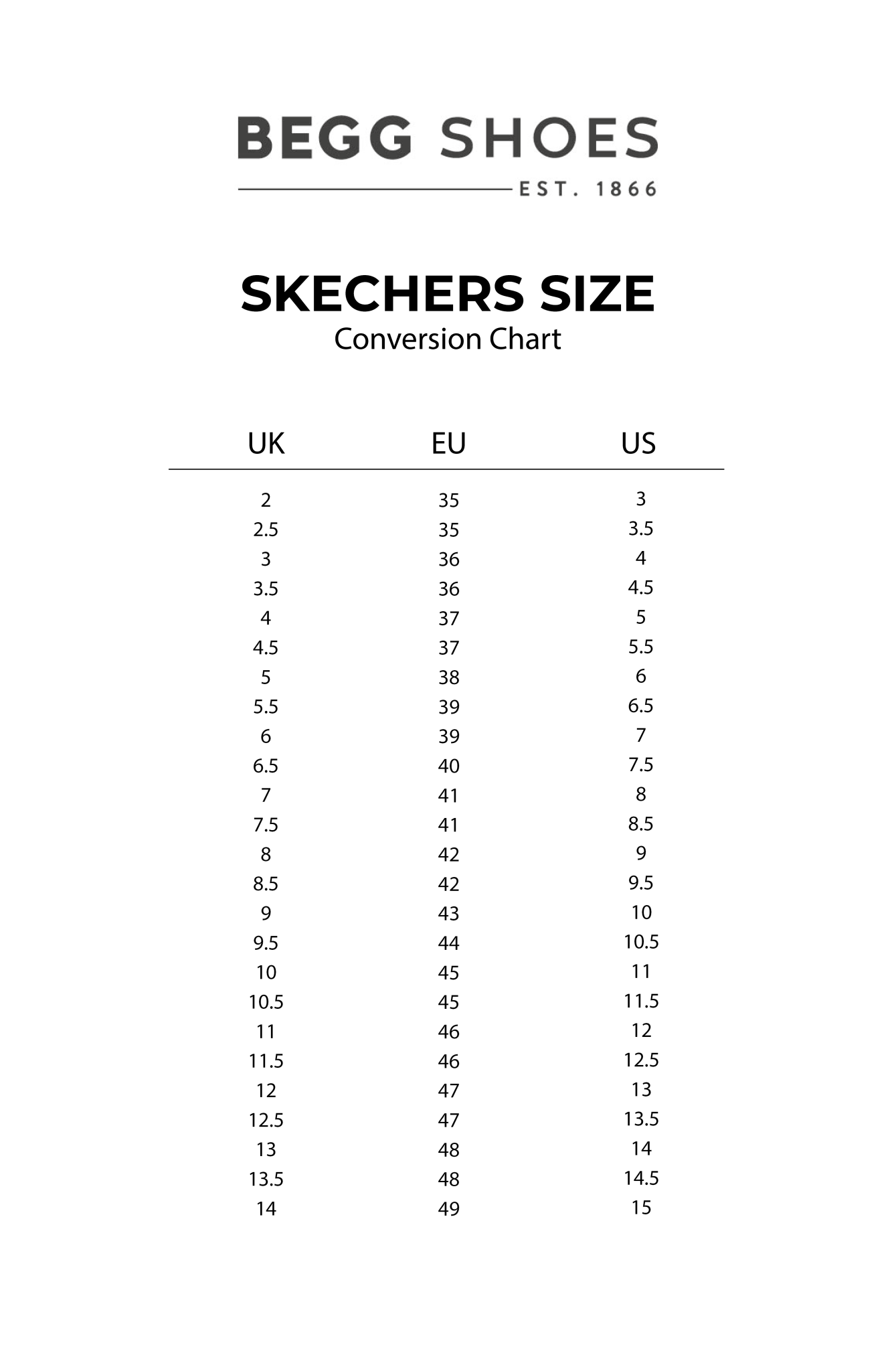 Skechers Size Conversion Guide Convert UK, EU & US