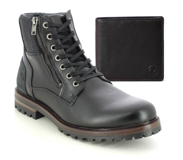 Exclusive men's black leather lace up boots with a black leather wallet