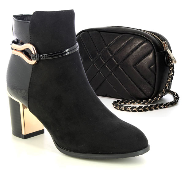 Lotus Ebony Black Heeled Boots with Gold Mirrored Accents and Matching Dune London Chancery Bag with gold trim