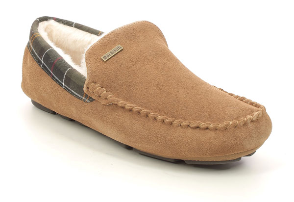 Barbour Monty Mens Tan Suede Slippers with Tartan Trim