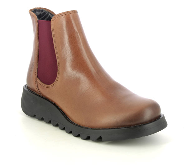 Fly London Salv Tan Leather Womens Chelsea Boots with Rubber Sole and Wine Red elastic gussets