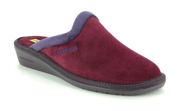 Nordikas Musue Women's Wine suede slippers with purple trim and backless design