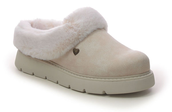 Skechers Keepsakes Bobs Women's Off White Slippers with cosy faux fur trim and backless design