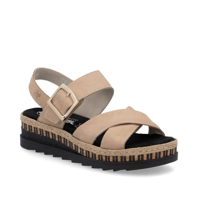 Rieker Flat Sandals - Beige leather - V7951-60 RAFFA CROSS