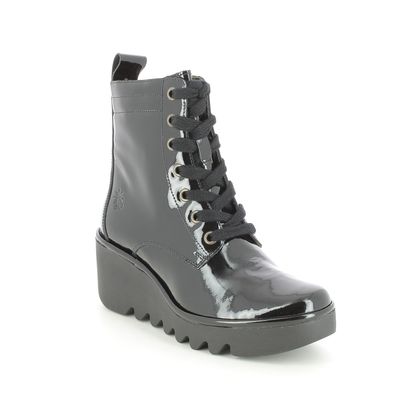 Fly London Wedge Boots - Black patent - P501329 BIAZ   BLU