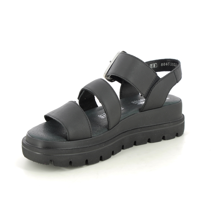 Rieker W1650-00 Black leather Womens Wedge Sandals