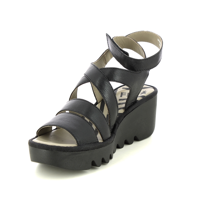 Fly London Bafy Blu Lgs Black leather Womens Wedge Sandals P501485-001