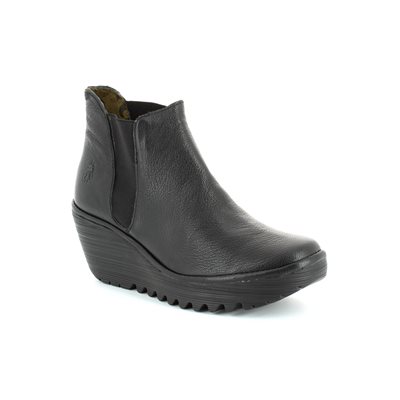 Fly London Yoss Black leather Womens Wedge Boots P500431 000