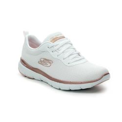 white and rose gold skechers