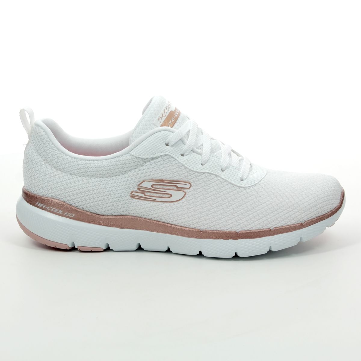 white and rose gold sketchers